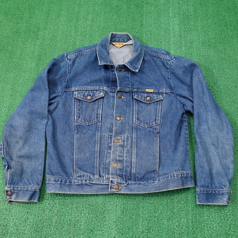 Vintage Rustler Jean Jacket Mens L Blue Denim Trucker Collared Unlined USA MADE